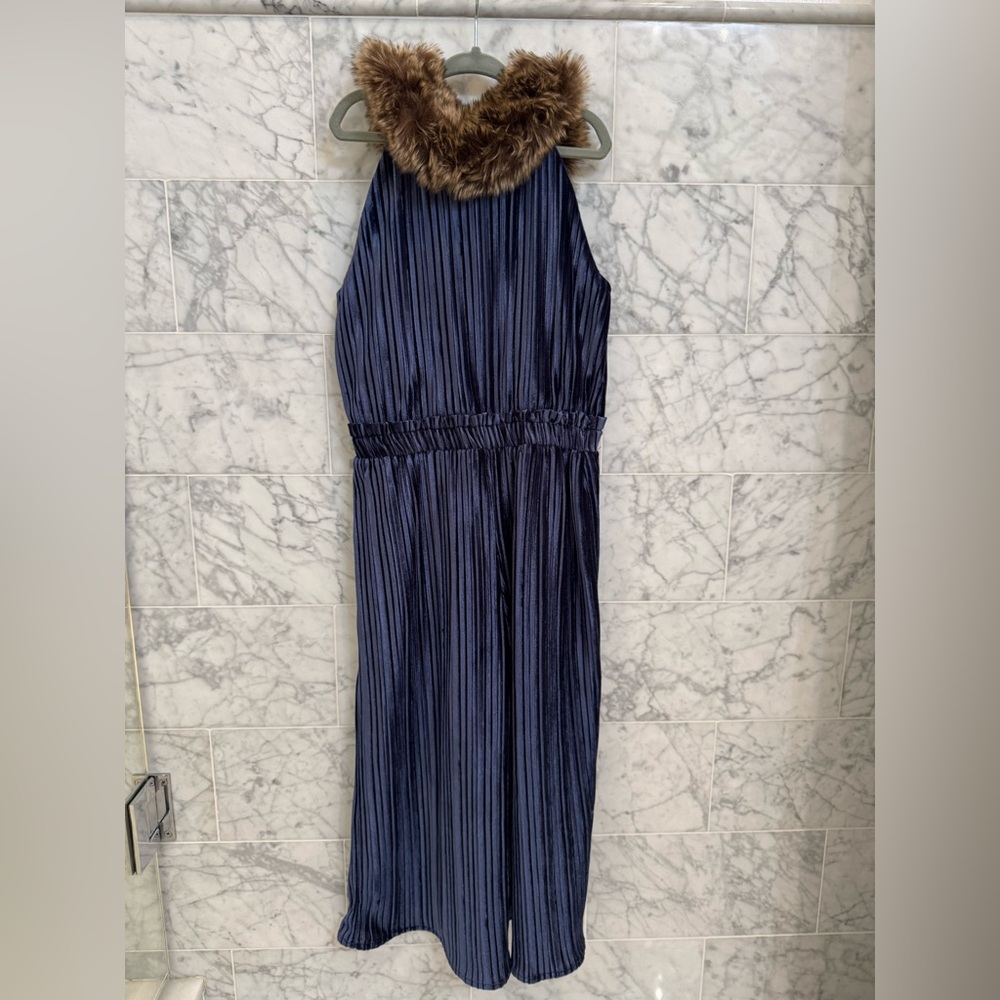 Janie and Jack navy velvet jumpsuit with faux fur collar. Size 7.